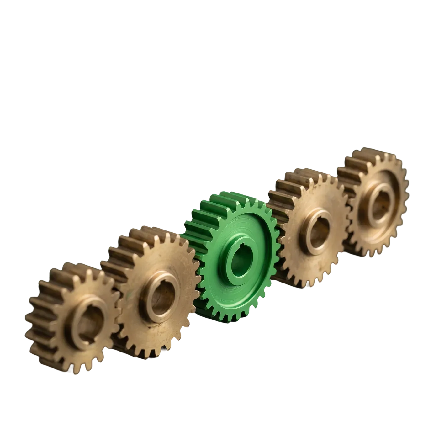 A custom-machined green gear meshing into a row of brass gears
