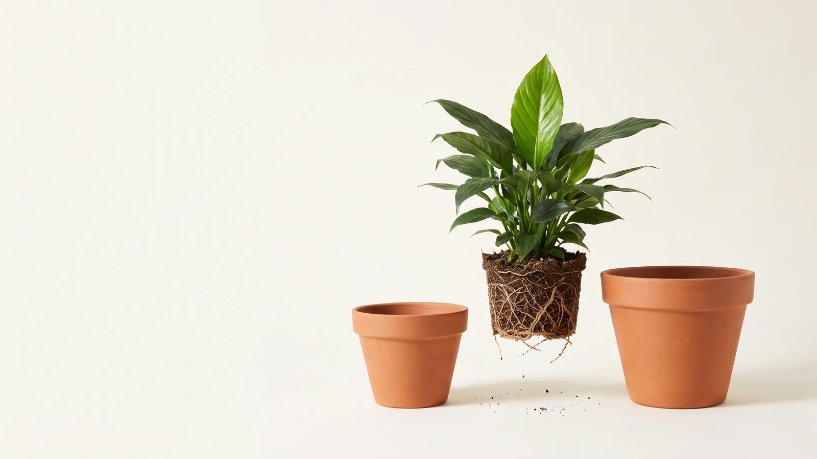 A mature plant being moved to a larger pot with its root ball intact