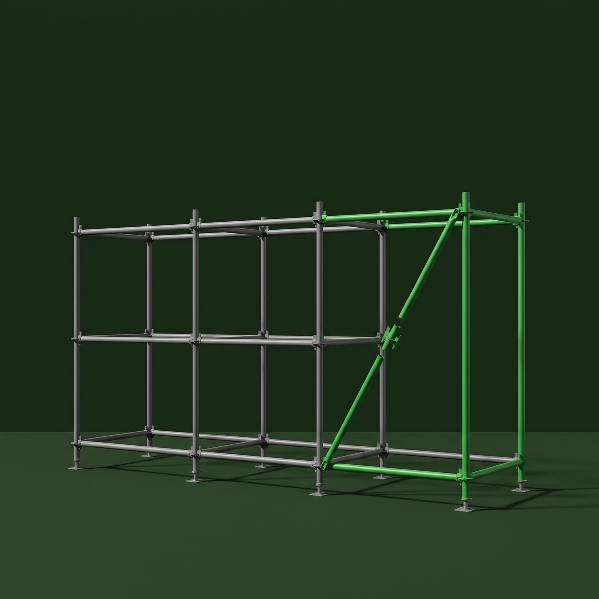 A modular scaffold being extended with an additional green bay